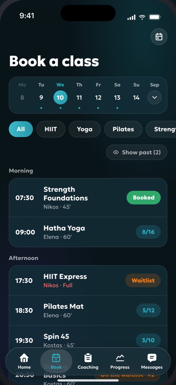 The weekly booking schedule in the member app