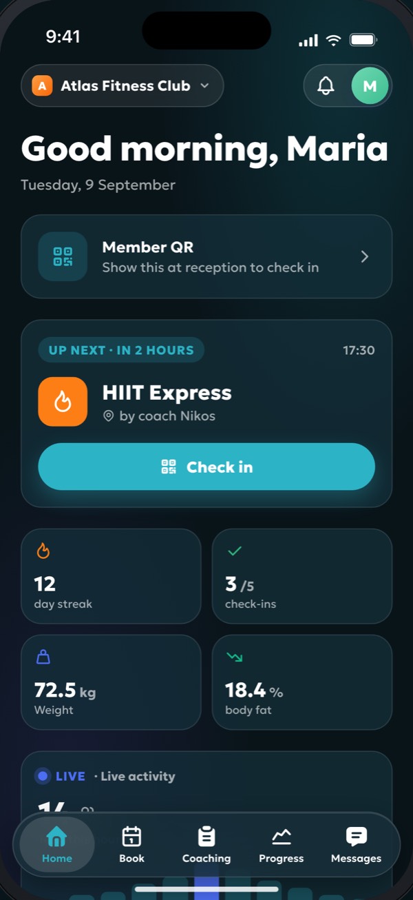 The member app's home screen with the entry QR code and the next class