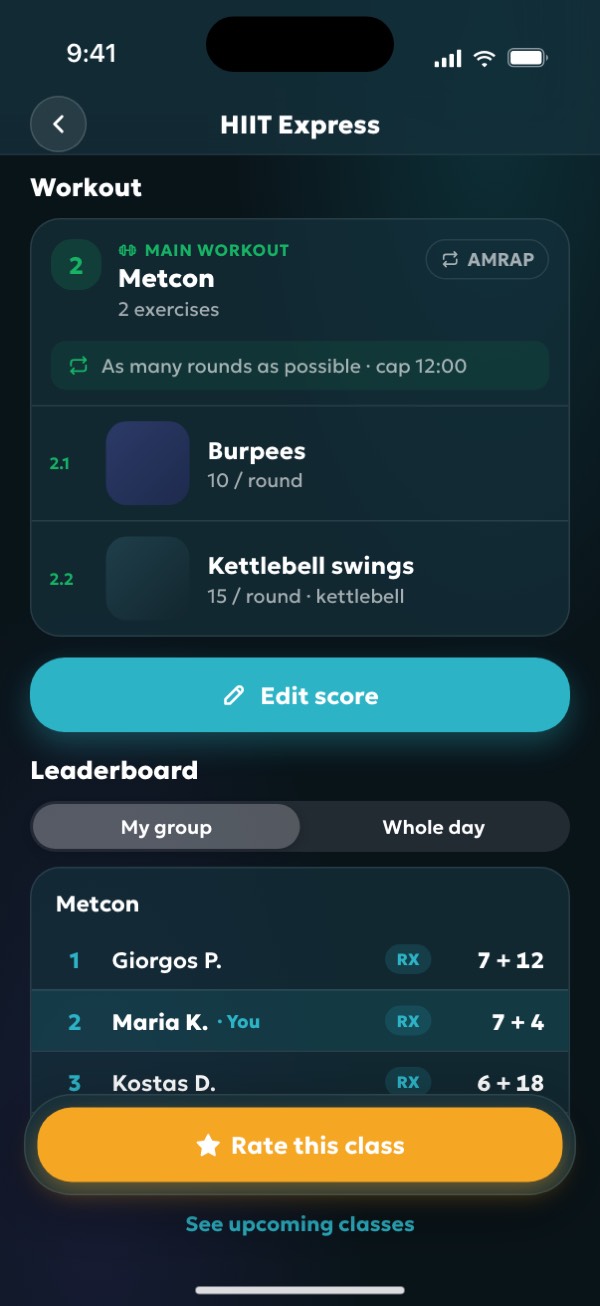 The class workout with scores and a leaderboard