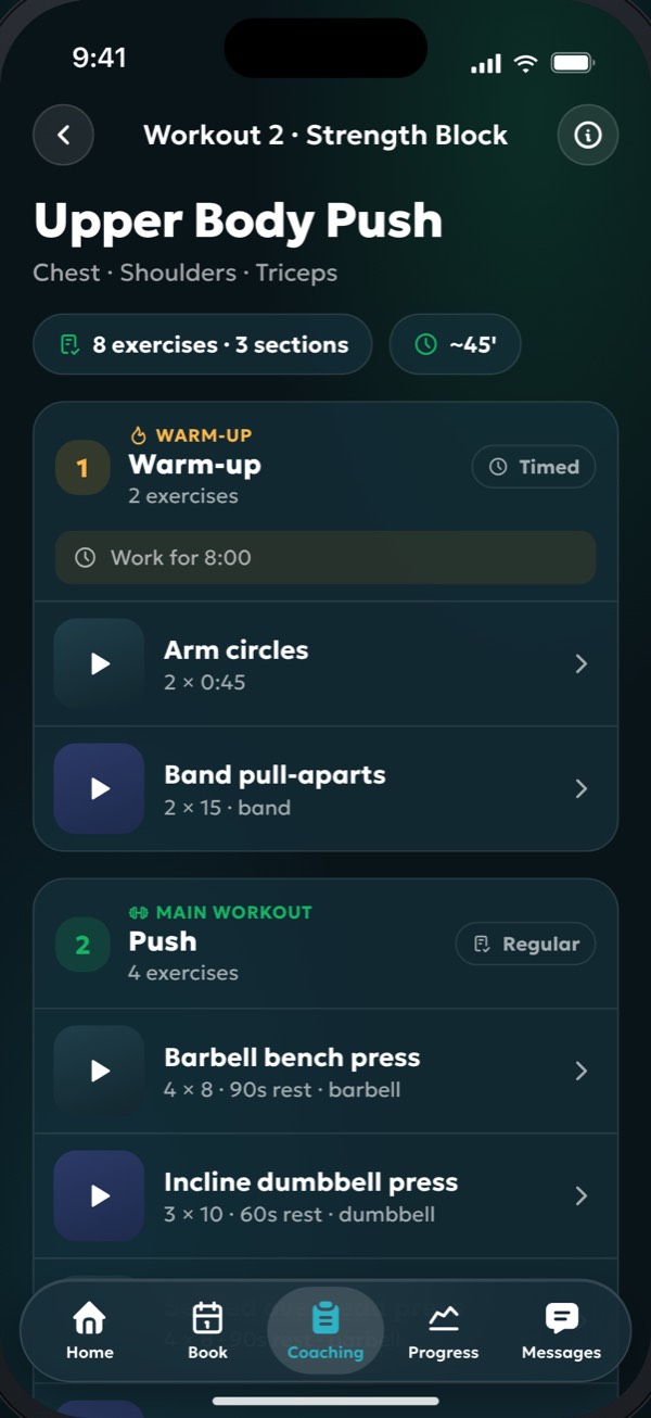 Today's workout with exercises by section